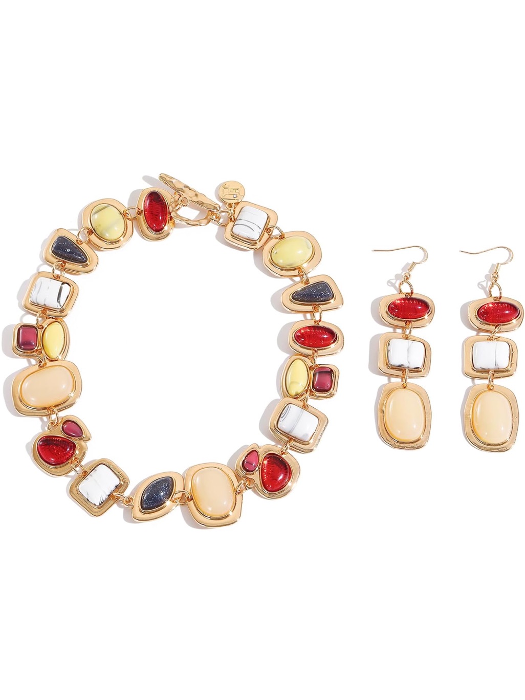 Multi-Color Resin Stone Bracelet And Earring Set - Gold Tone